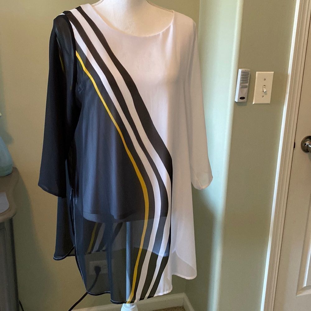 Alfani Sheer Iverlay Black White Yellow Top PL